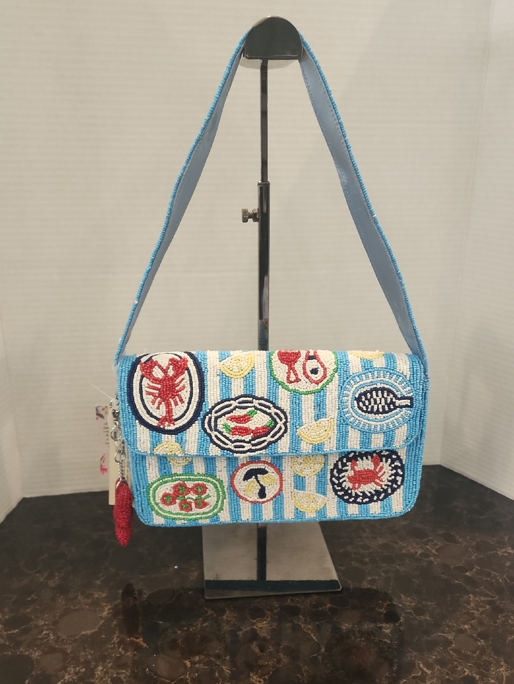 Beaded Blue Striped Shoulder Bag with Colorful Motifs